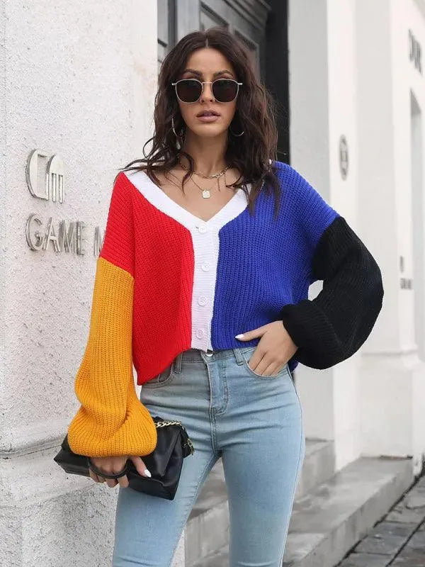 Women’s Colorblock V-Neck Cardigan Sweater – Button Knit