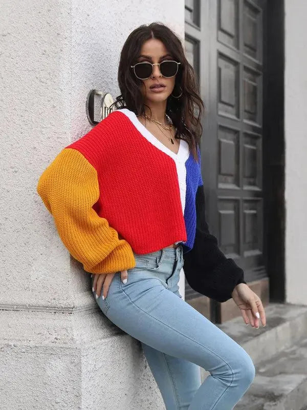 Women’s Colorblock V-Neck Cardigan Sweater – Button Knit