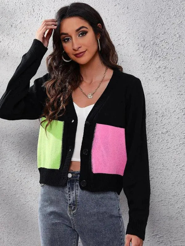 Women's Contrast Stitch V-Neck Button Cardigan Sweater fashion image