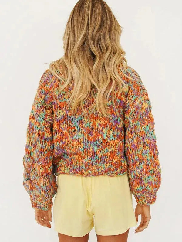 Women’s Cropped Colorblock Cardigan Sweater – V-Neck Knit