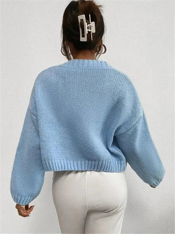 Women’s Cropped Graphic Cardigan Sweater – V-Neck Knit