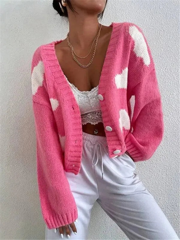 Women’s Cropped Graphic Cardigan Sweater – V-Neck Knit