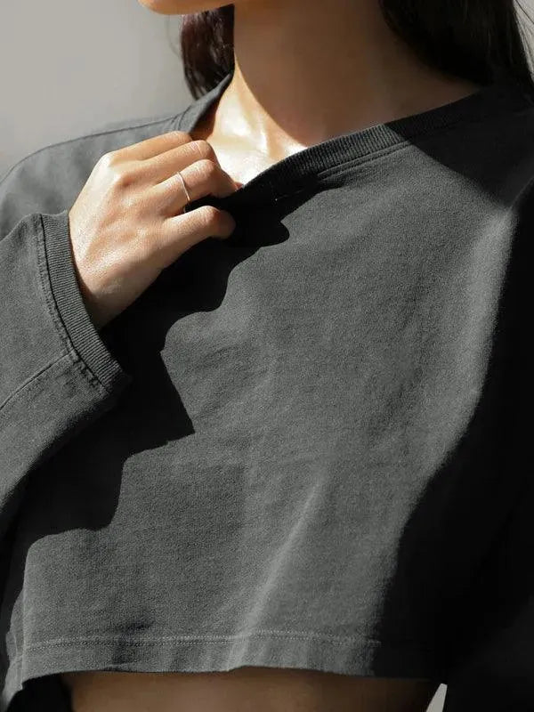 Women's Cropped Loose Crewneck Sweatshirt-Women Sweatshirt-LeStyleParfait