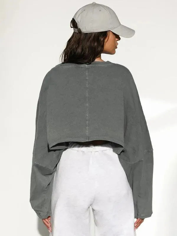 Women's Cropped Loose Crewneck Sweatshirt-Women Sweatshirt-LeStyleParfait