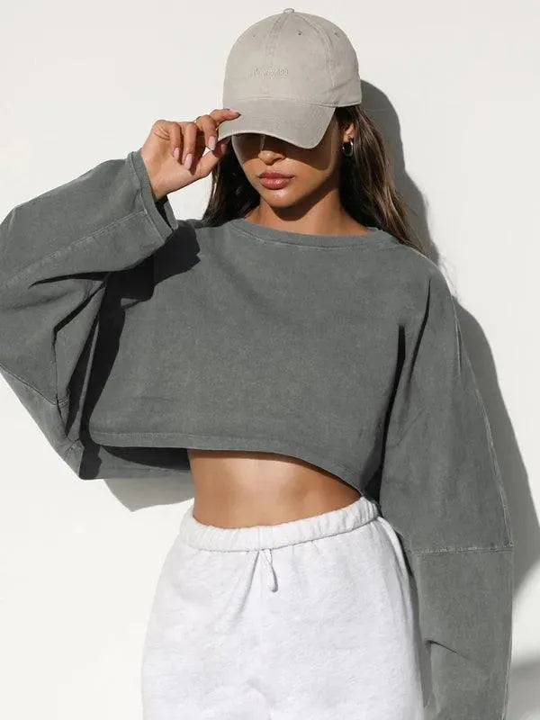 Women's Cropped Loose Crewneck Sweatshirt-Women Sweatshirt-LeStyleParfait