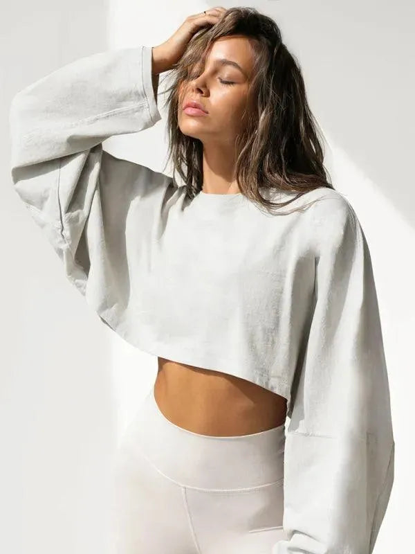 Women's Cropped Loose Crewneck Sweatshirt-Women Sweatshirt-LeStyleParfait