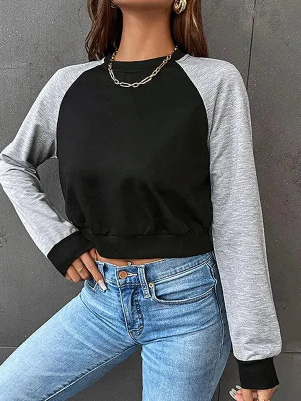 Women's Cropped Patchwork Sweatshirt-Women Sweatshirt-LeStyleParfait