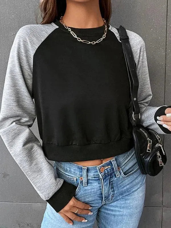 Women's Cropped Patchwork Sweatshirt-Women Sweatshirt-LeStyleParfait
