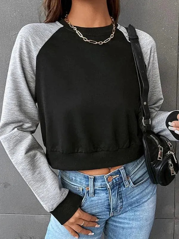 Women's Cropped Patchwork Sweatshirt-Women Sweatshirt-LeStyleParfait