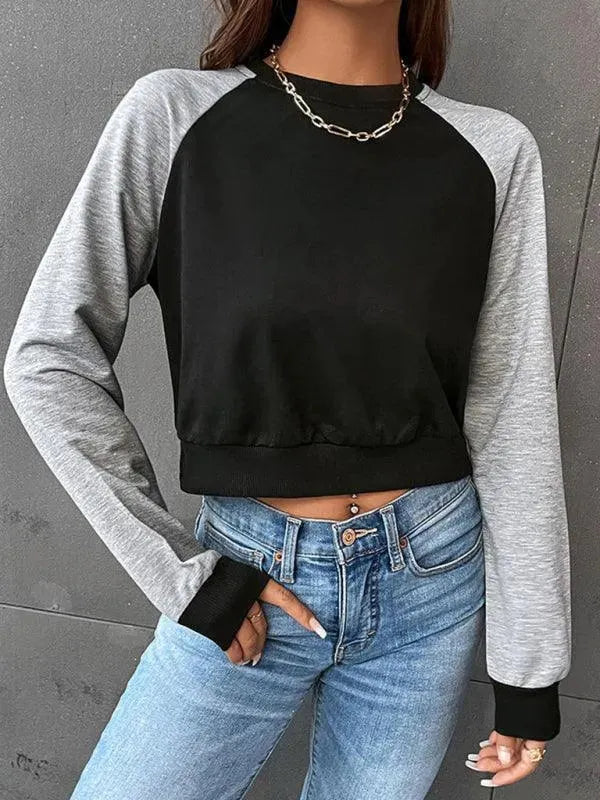 Women's Cropped Patchwork Sweatshirt-Women Sweatshirt-LeStyleParfait