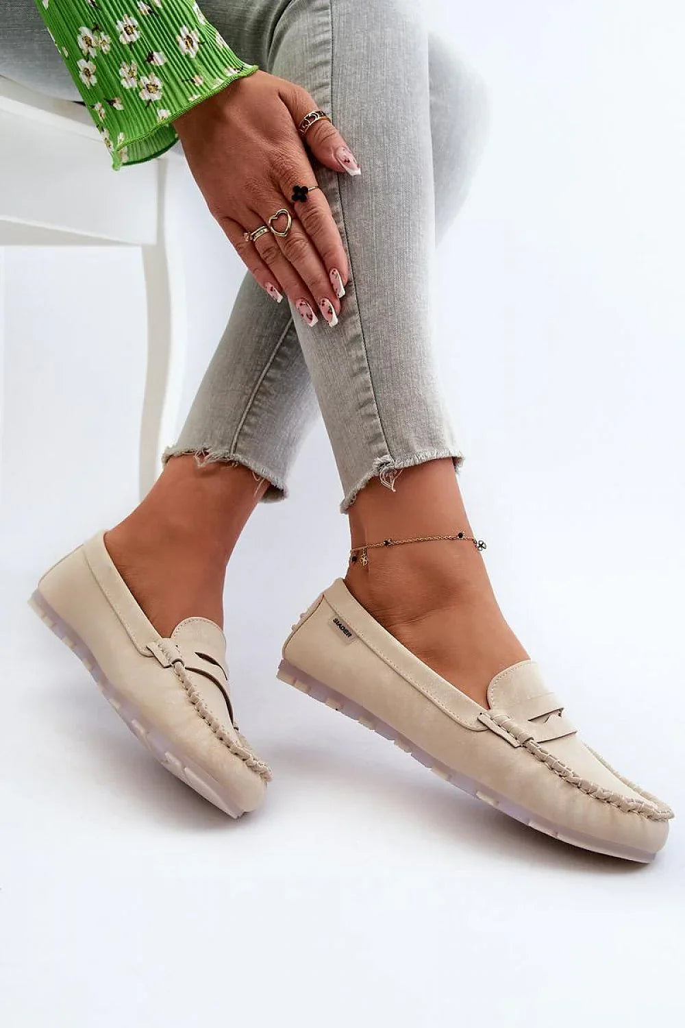 Women’s eco friendly beige penny moccasin loafers, casual flat women’s penny loafers for everyday outfits