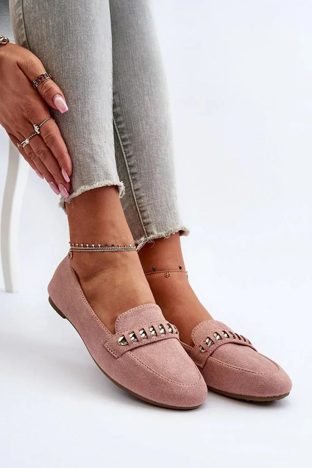 Women’s eco suede chain detail moccasin loafers, vegan women’s moccasin loafers for chic spring–summer looks