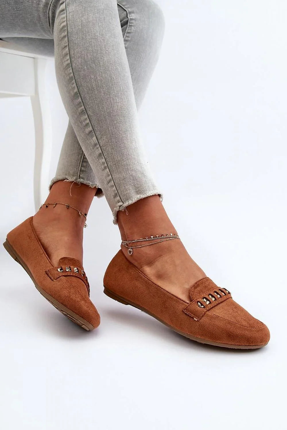 Women’s eco suede chain detail moccasin loafers, vegan women’s moccasin loafers for chic spring–summer looks