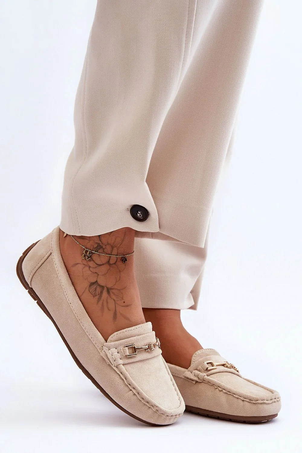 Women’s beige and pink eco suede horsebit moccasin loafers, flat women’s moccasin loafers for office and casual