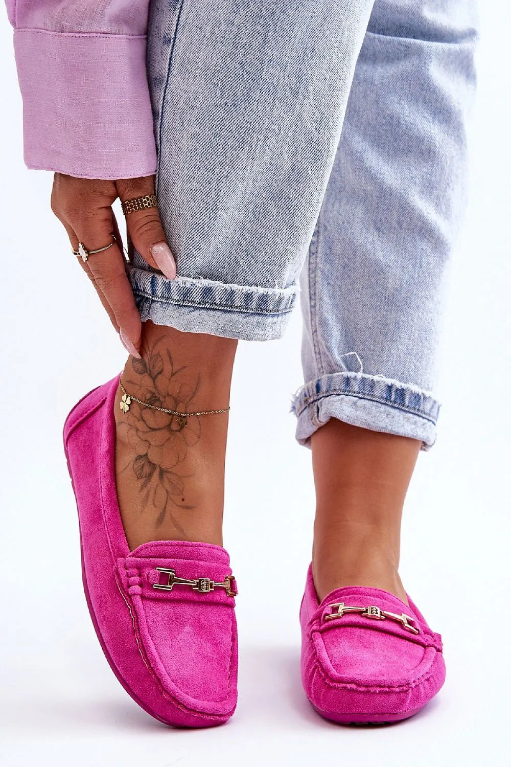 Women’s beige and pink eco suede horsebit moccasin loafers, flat women’s moccasin loafers for office and casual