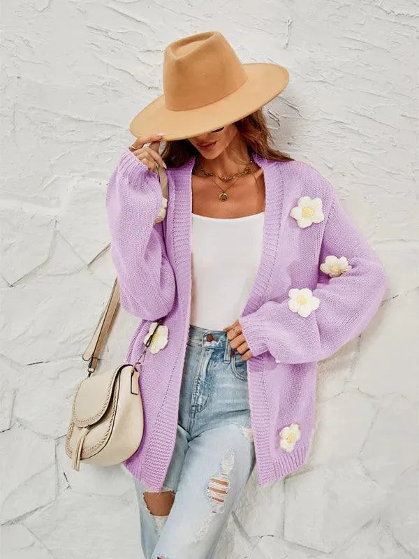 Women’s Floral Lantern Sleeve Cardigan Sweater – V-Neck Knit