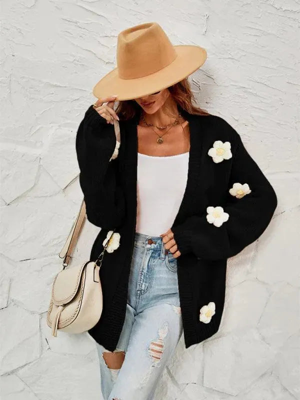 Women’s Floral Lantern Sleeve Cardigan Sweater – V-Neck Knit