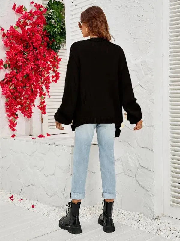 Women’s Floral Lantern Sleeve Cardigan Sweater – V-Neck Knit