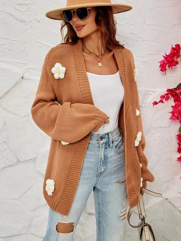 Women’s Floral Lantern Sleeve Cardigan Sweater – V-Neck Knit