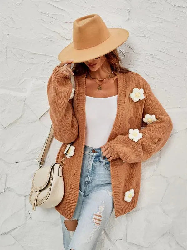 Women’s Floral Lantern Sleeve Cardigan Sweater – V-Neck Knit