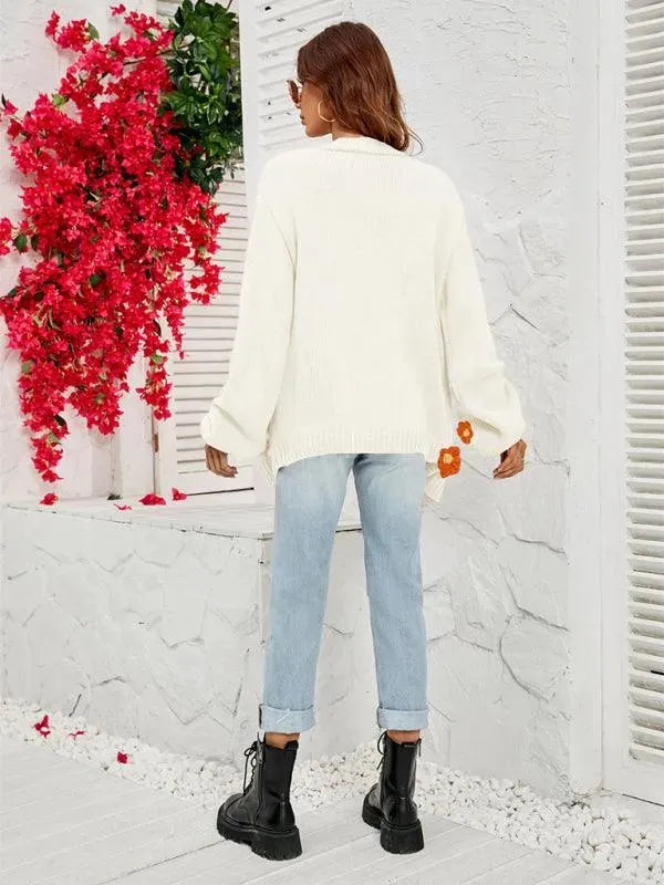 Women’s Floral Lantern Sleeve Cardigan Sweater – V-Neck Knit