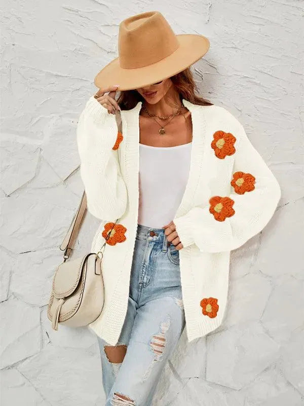 Women’s Floral Lantern Sleeve Cardigan Sweater – V-Neck Knit