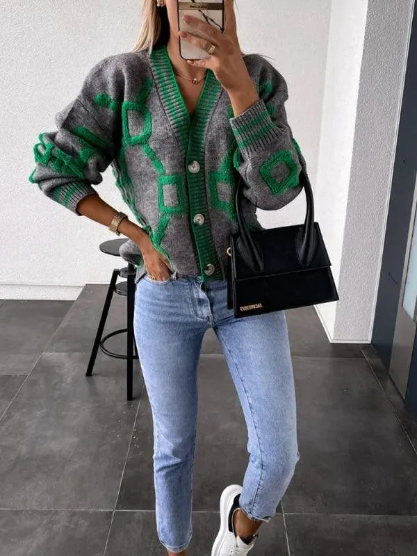 Women’s Geometric Drop-Sleeve Cardigan Sweater – V-Neck Knit