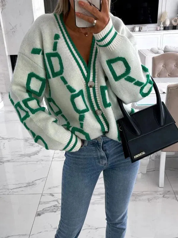 Women’s Geometric Drop-Sleeve Cardigan Sweater – V-Neck Knit