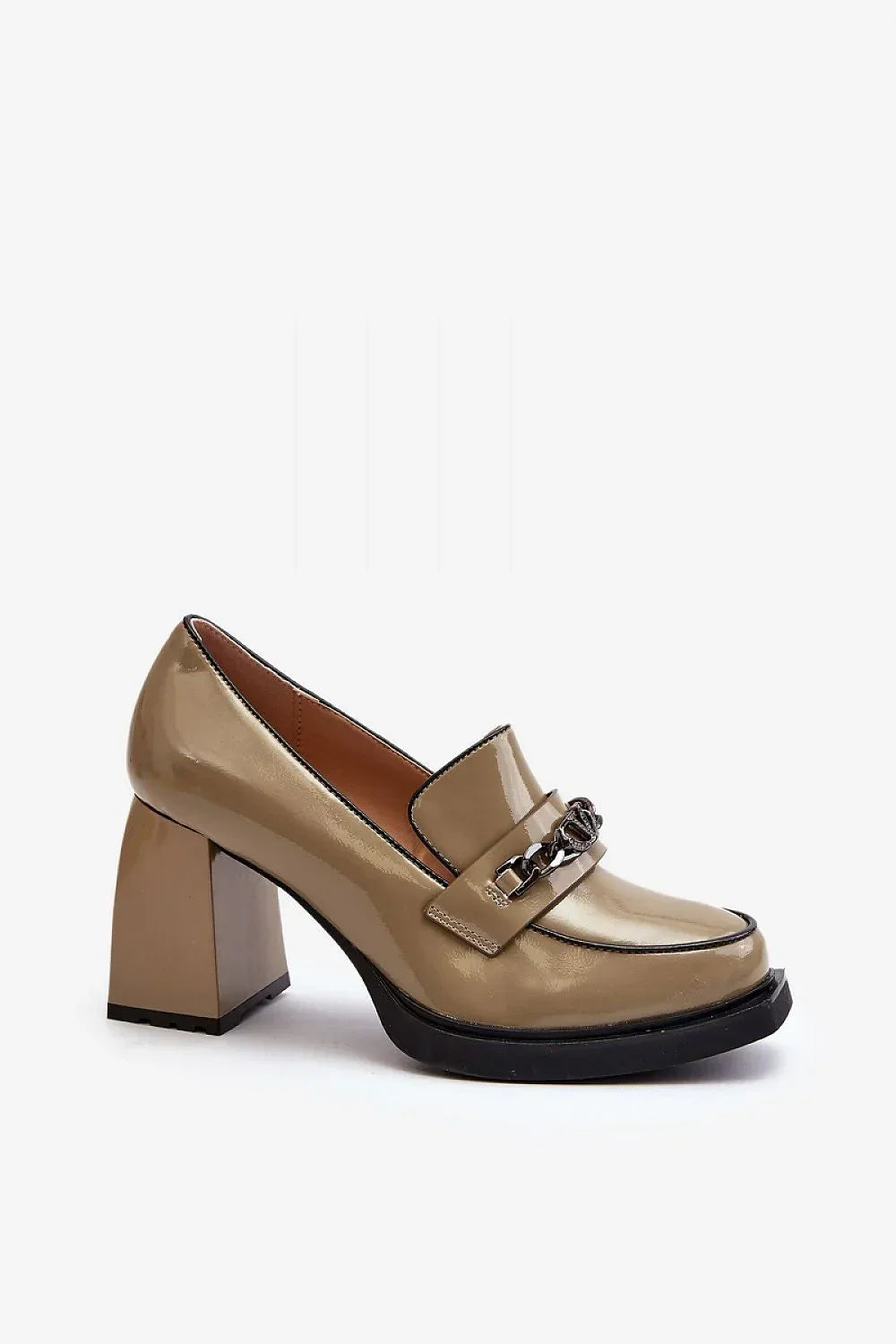 Women's Green Leather Chain Block Heel Pumps-Pumps Shoes-LeStyleParfait