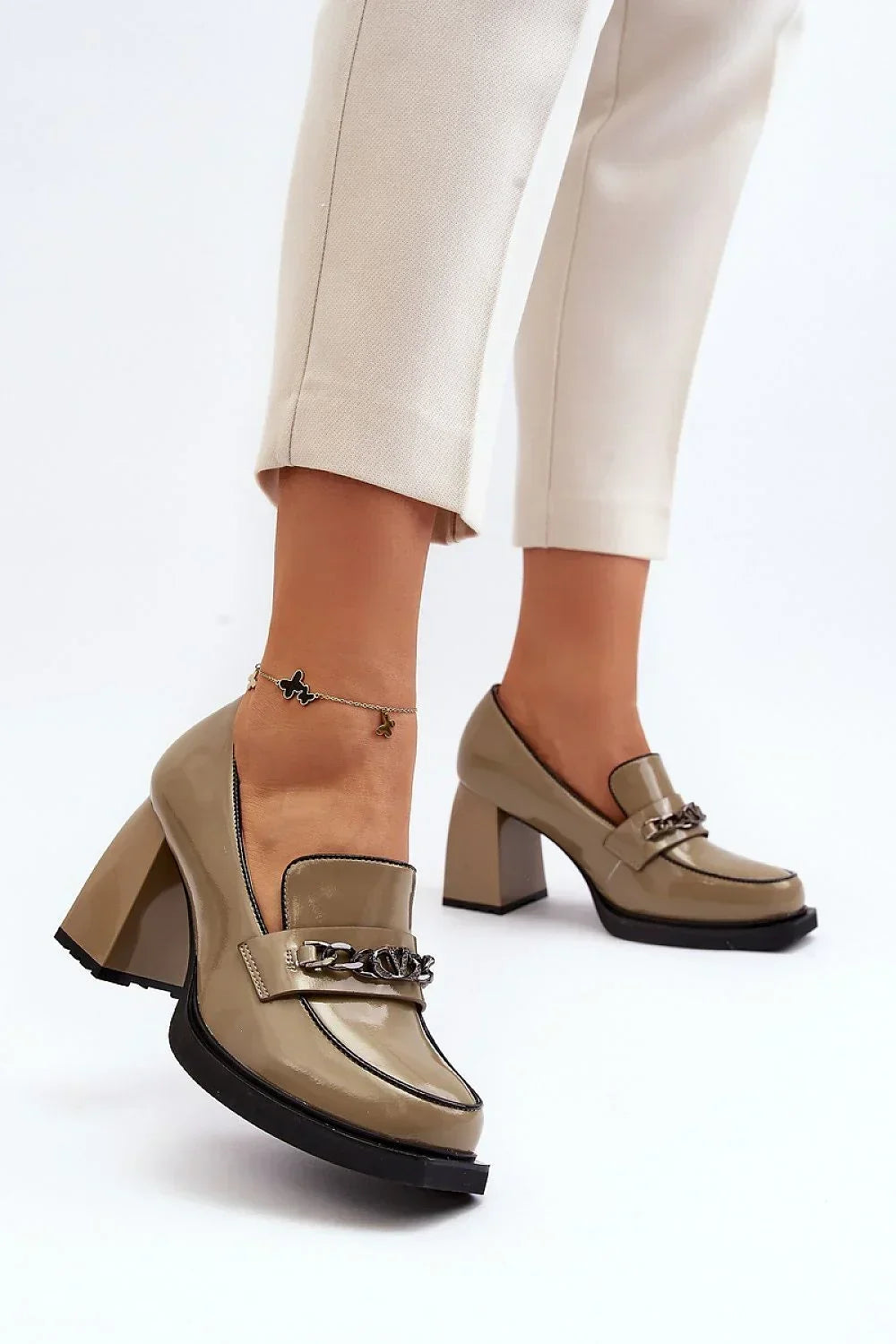 Women's Green Leather Chain Block Heel Pumps-Pumps Shoes-LeStyleParfait