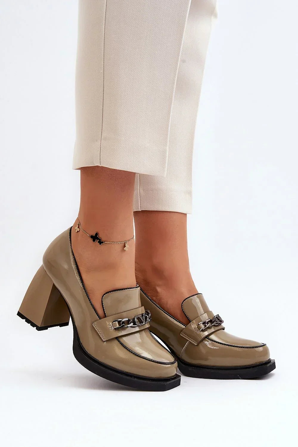 Women's Green Leather Chain Block Heel Pumps-Pumps Shoes-LeStyleParfait