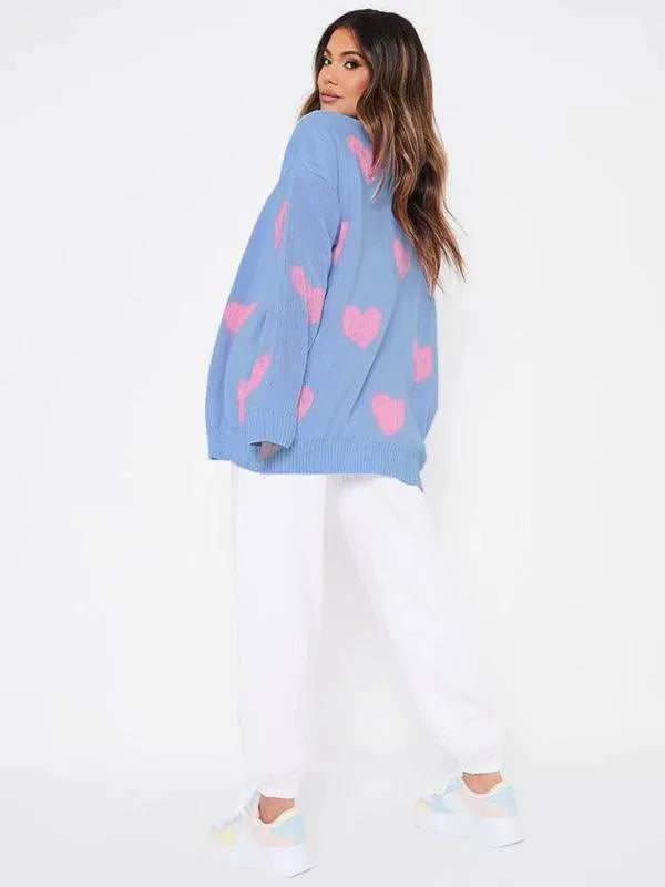 Women’s Heart Jacquard V-Neck Cardigan Sweater – Relaxed Fit