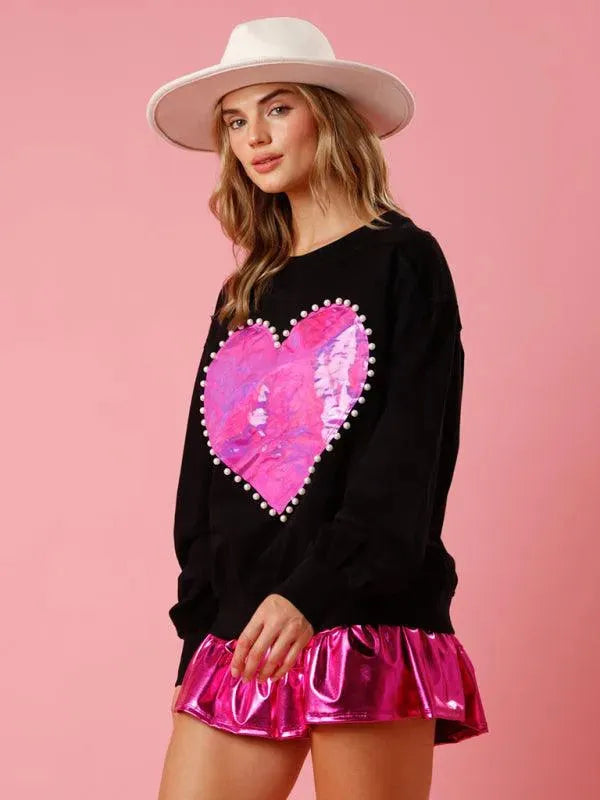 Women's Heart Pattern Knit Sweatshirt-Women Sweatshirt-LeStyleParfait