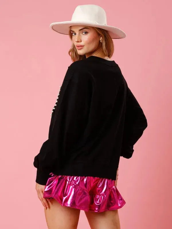 Women's Heart Pattern Knit Sweatshirt-Women Sweatshirt-LeStyleParfait