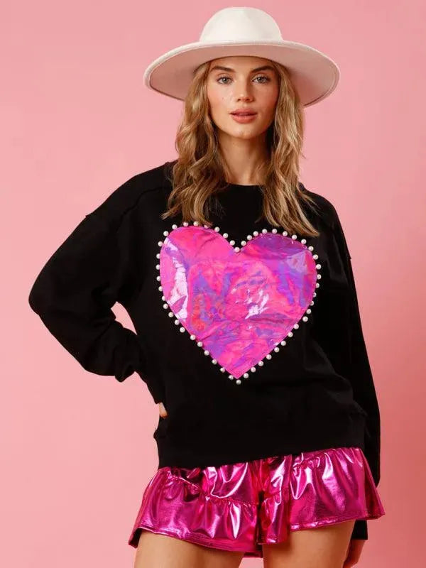 Women's Heart Pattern Knit Sweatshirt-Women Sweatshirt-LeStyleParfait