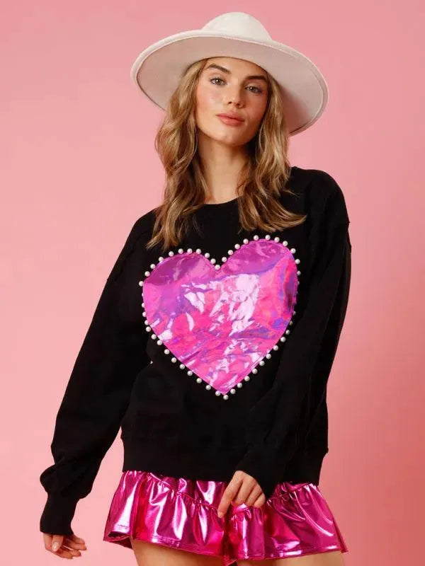 Women's Heart Pattern Knit Sweatshirt-Women Sweatshirt-LeStyleParfait