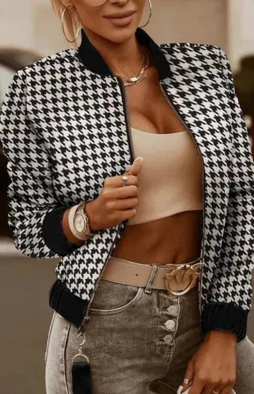 Women’s Houndstooth Bomber Jacket Casual Style-women's jacket-LeStyleParfait