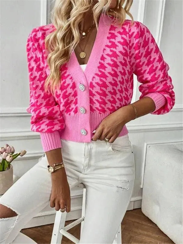 Women’s Houndstooth Cropped Cardigan Sweater – V-Neck