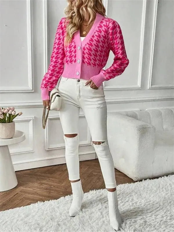 Women’s Houndstooth Cropped Cardigan Sweater – V-Neck
