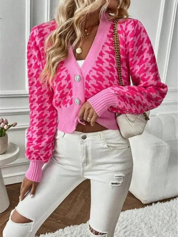 Women’s Houndstooth Cropped Cardigan Sweater – V-Neck