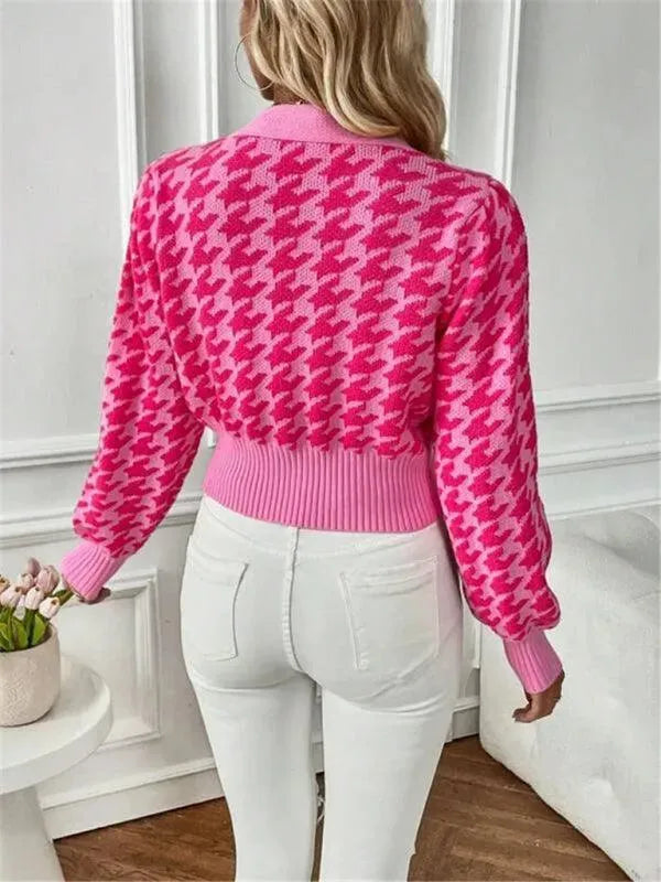 Women’s Houndstooth Cropped Cardigan Sweater – V-Neck