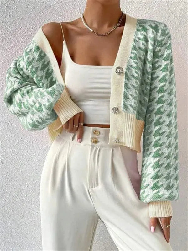 Women’s Houndstooth Cropped Cardigan Sweater – V-Neck