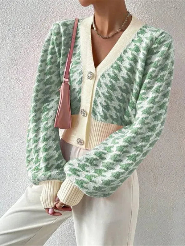Women’s Houndstooth Cropped Cardigan Sweater – V-Neck