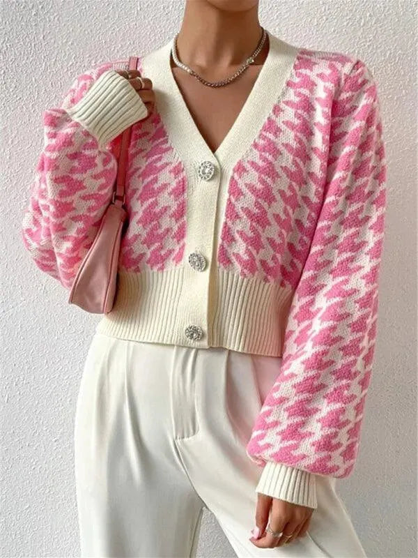 Women’s Houndstooth Cropped Cardigan Sweater – V-Neck