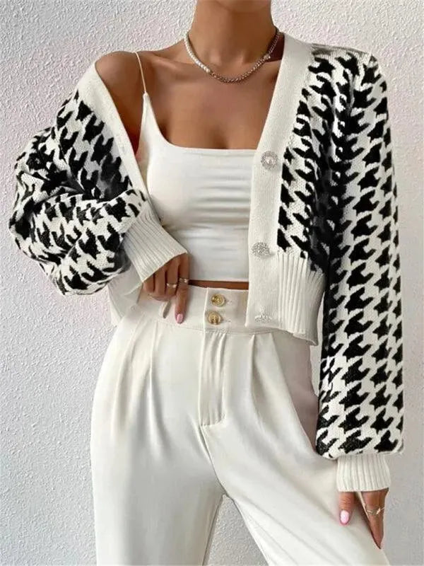 Women’s Houndstooth Cropped Cardigan Sweater – V-Neck