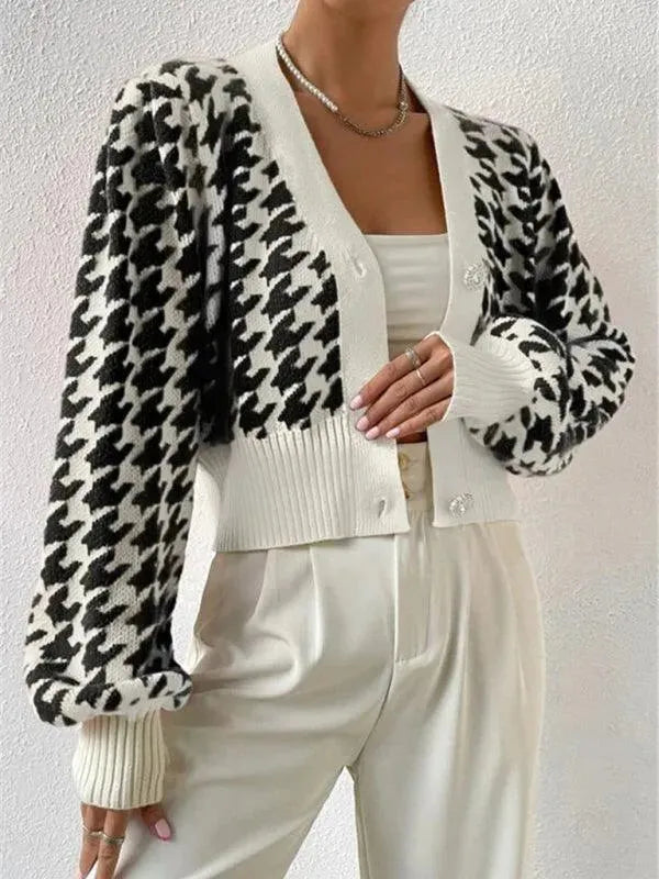 Women’s Houndstooth Cropped Cardigan Sweater – V-Neck