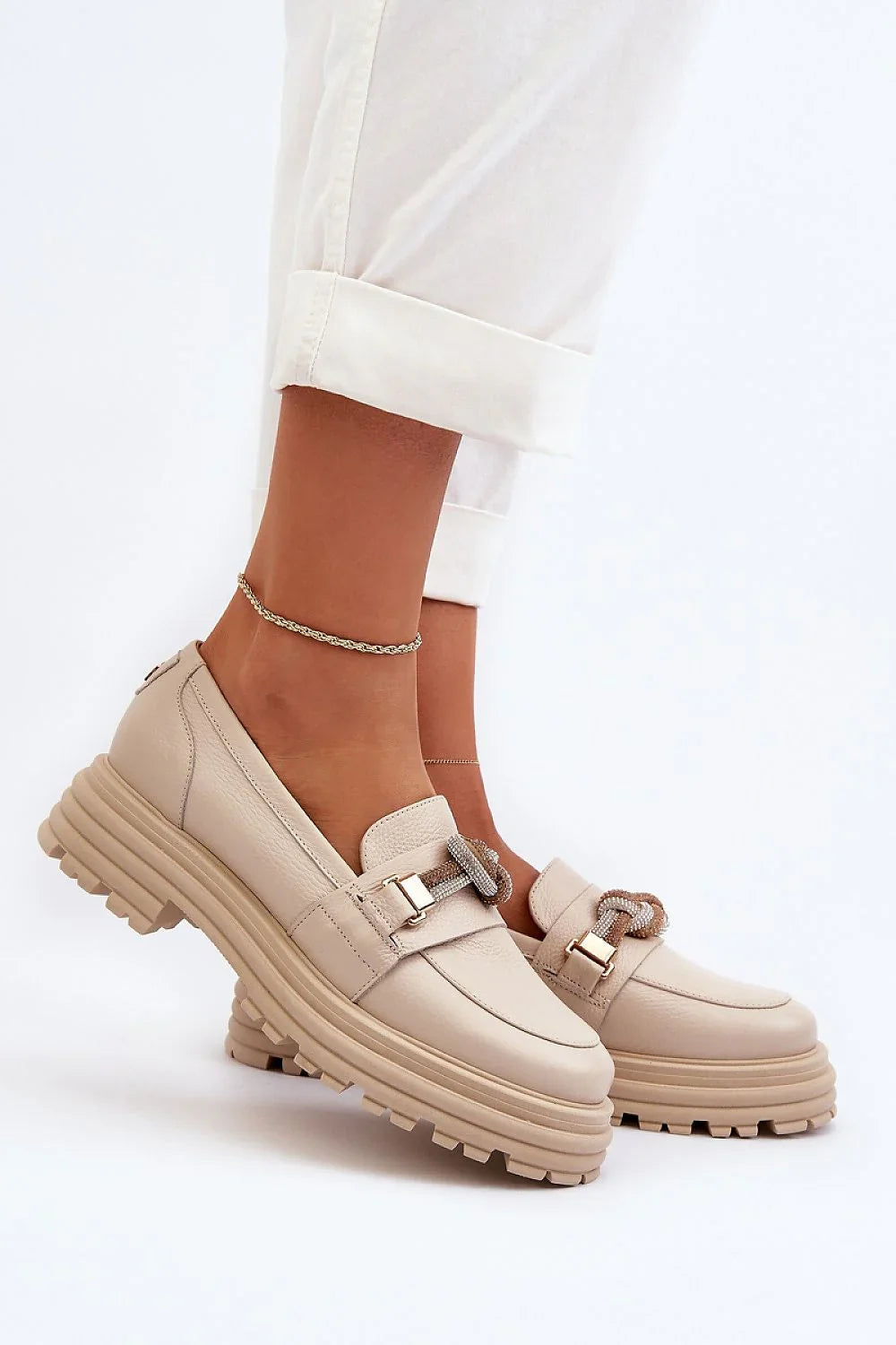 Women’s leather platform moccasin loafers, chunky slip on women’s platform loafers for spring and autumn