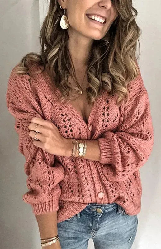 Women’s Lightweight V-Neck Cardigan Sweater – Textured Knit