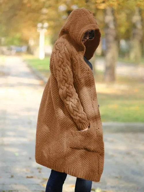 Women’s Long Hooded Cardigan Sweater – Button Front With Pockets