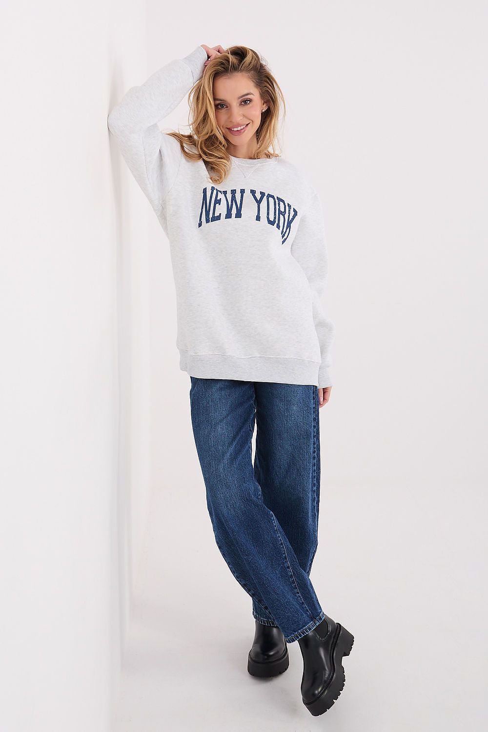 Women's Loose Printed Longline Sweatshirt — Grey-Women Sweatshirt-LeStyleParfait